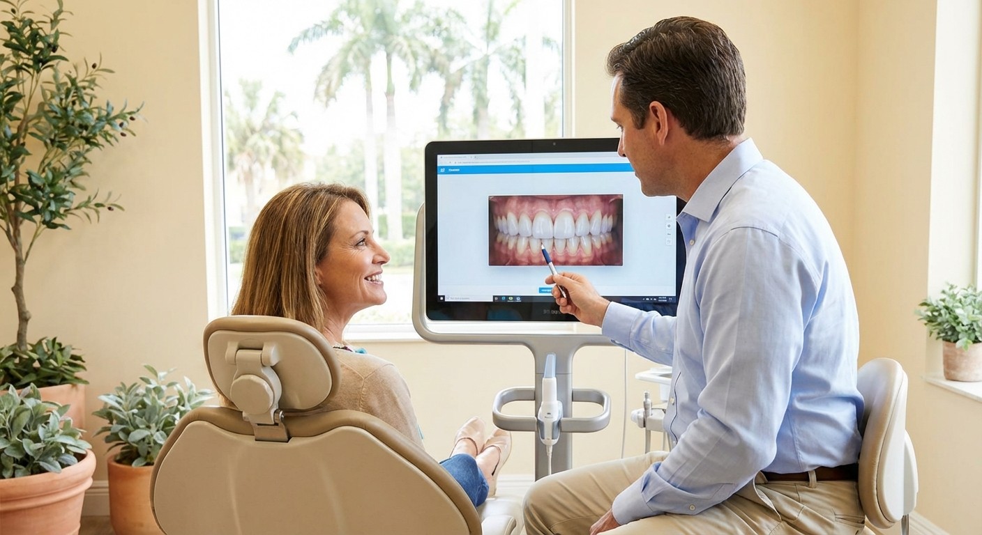 Patient during a smile design consultation viewing a digital veneer preview with their dentist