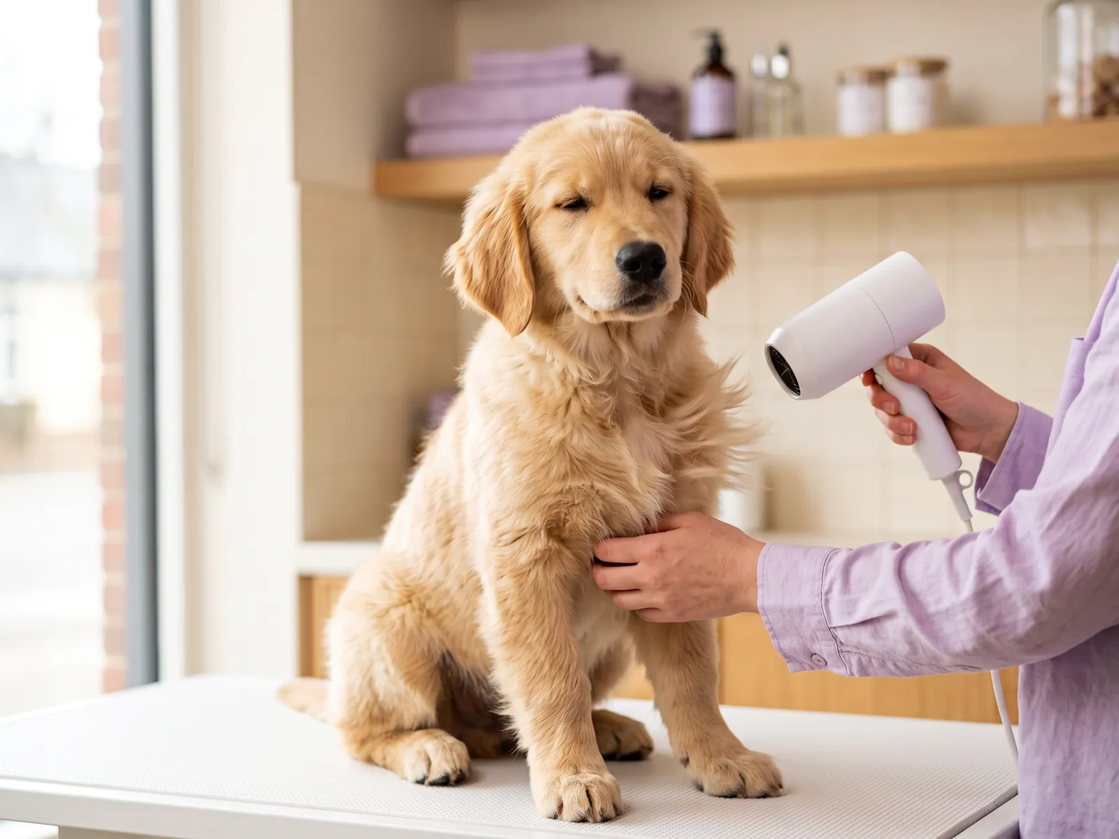 Groomer gently blow drying a golden retriever puppy