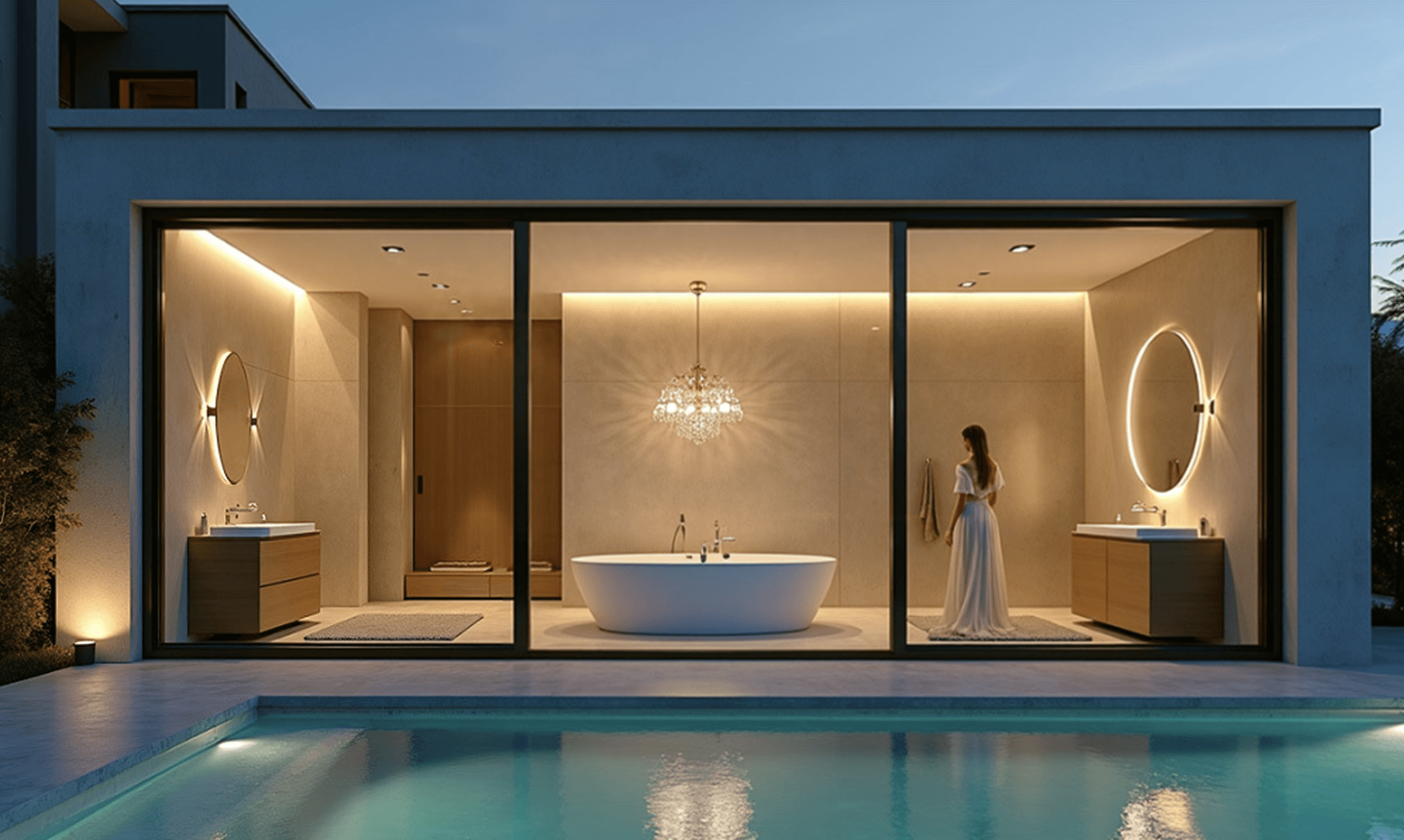 Casa de banho moderna com vidro inteligente transparente revelando um interior elegante