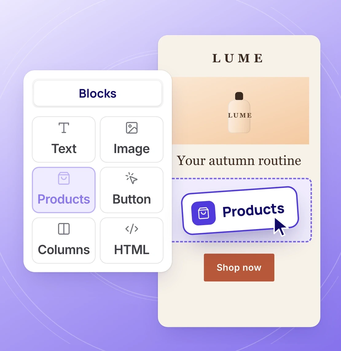 Drag-and-drop email editor: a Products block dragged from the block palette into a Lume email