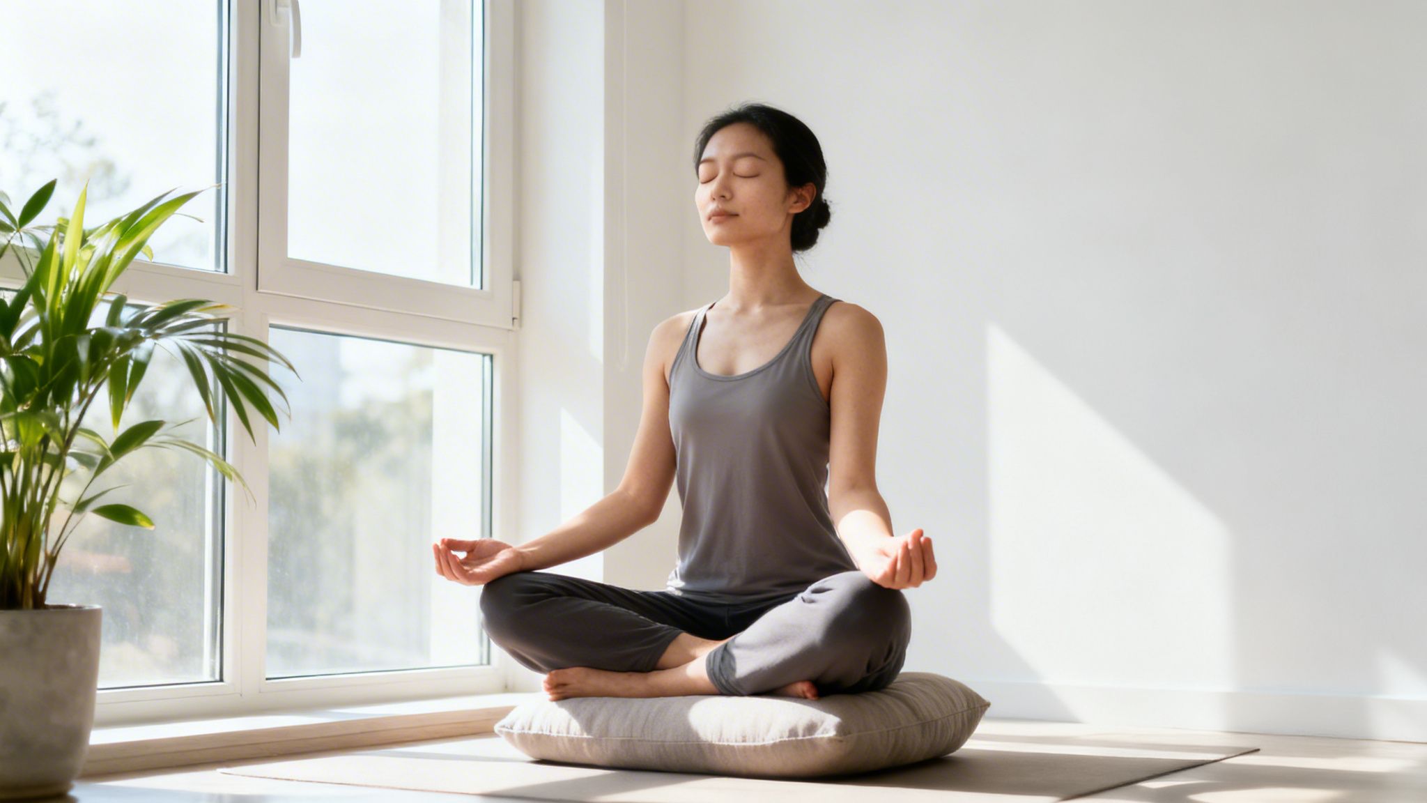 A young Asian woman meditates peacefully on a cushion in a sunlit room with a plant.
