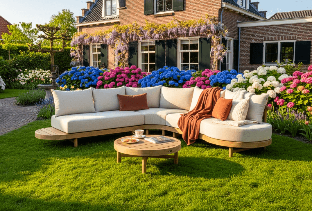 Stylish Santika Kayu outdoor furniture with beige cushions