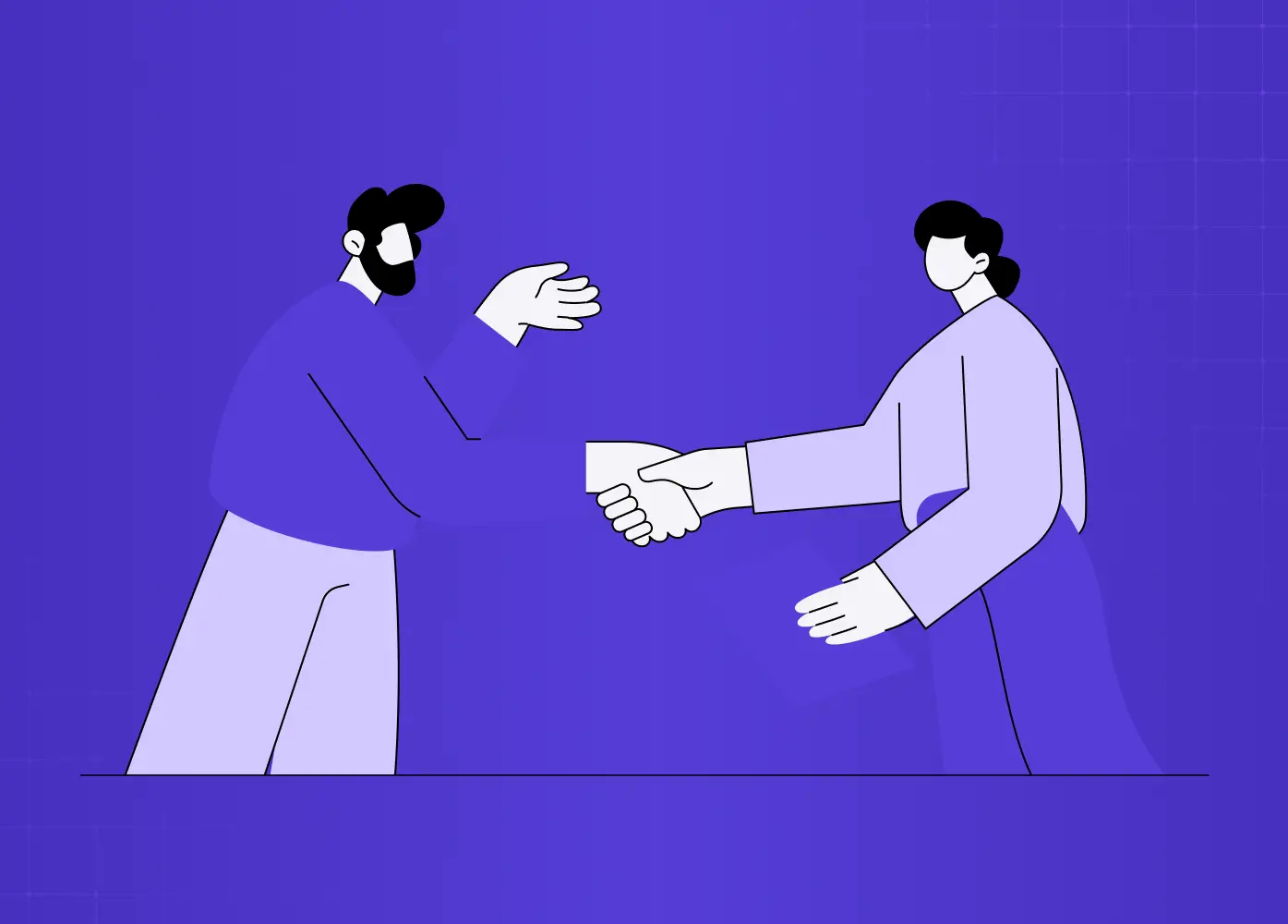Illustration of two people shaking hands against a purple background, representing collaboration and partnership.