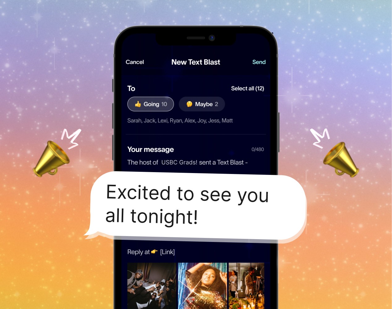 Party planning app feature demonstrating group text updates with an event reminder and customizable messages.