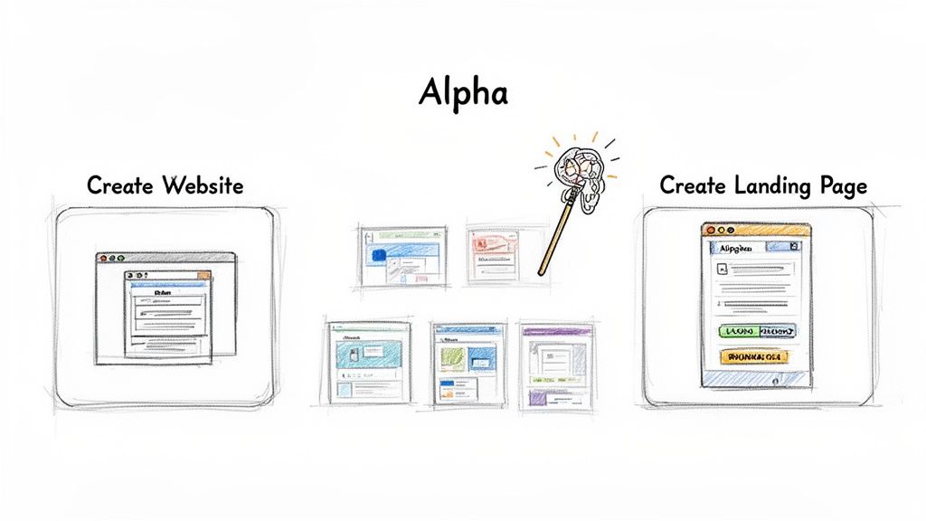 Conceptual diagram illustrating the creation of websites and landing pages, enhanced by AI intelligence.