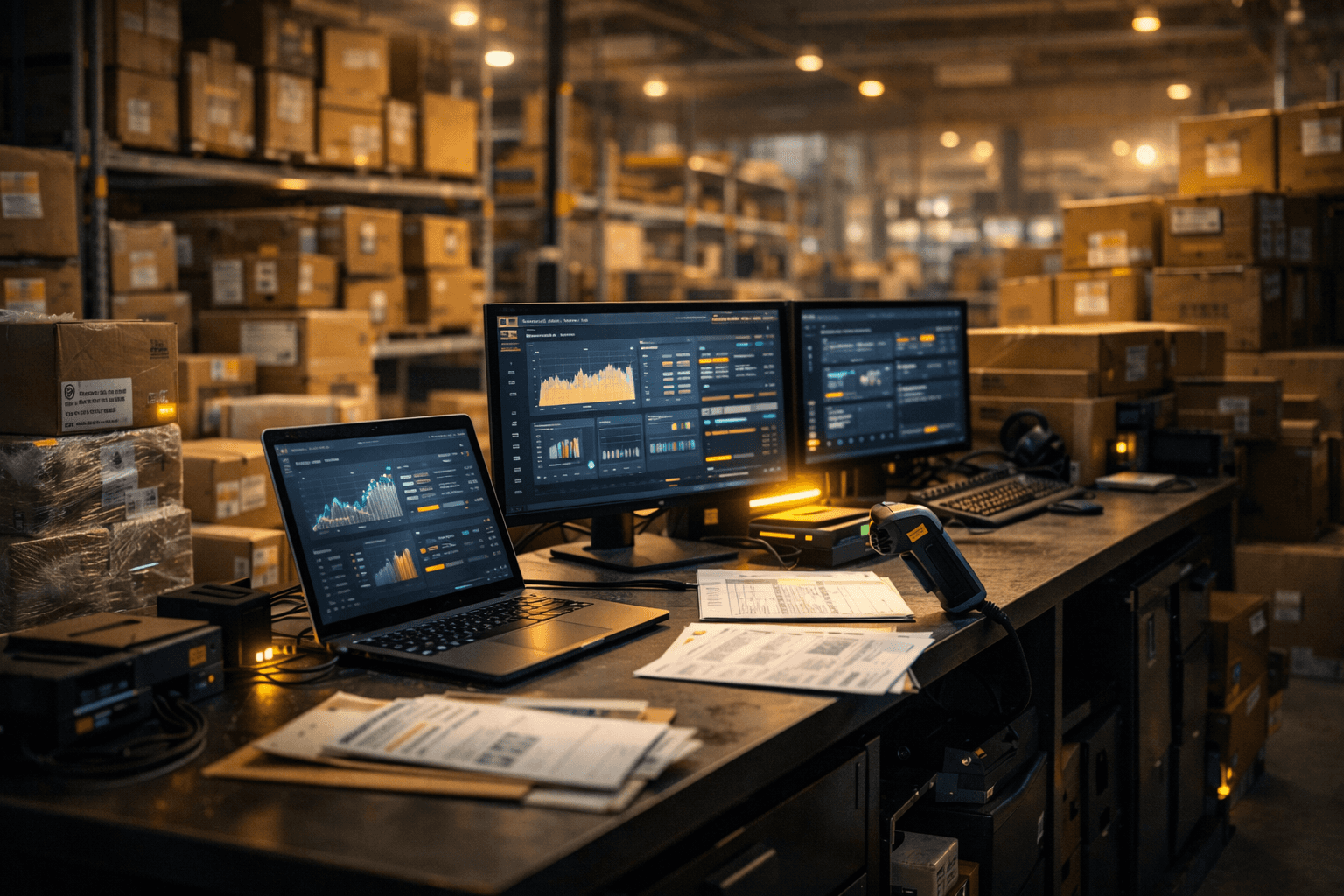 Ambiente operacional de e-commerce B2B com estação de controle e logística integrada, mostrando múltiplos monitores com dashboards, laptop, leitor de código de barras e documentos sobre a mesa, ao fundo armazém com caixas empilhadas em grande volume, iluminação quente e atmosfera de alta operação contínua.