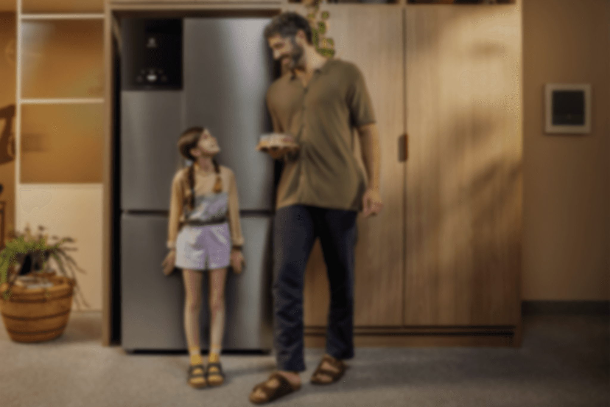 Slightly blurred image of a smart speaker with a glowing top, on a circular base.