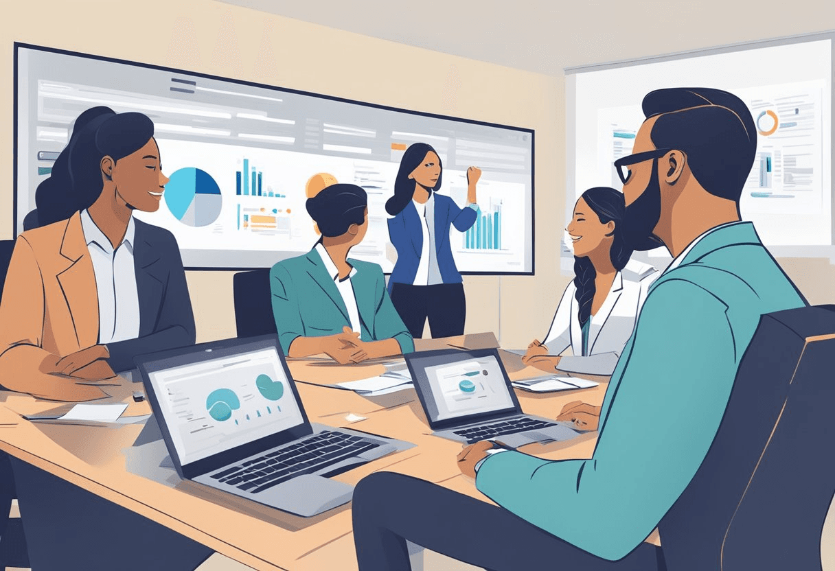 A group of mid-level managers are gathered around a table, engaged in a dynamic discussion. Charts and graphs are displayed on a screen in the background, illustrating strategic HR initiatives for organizational success