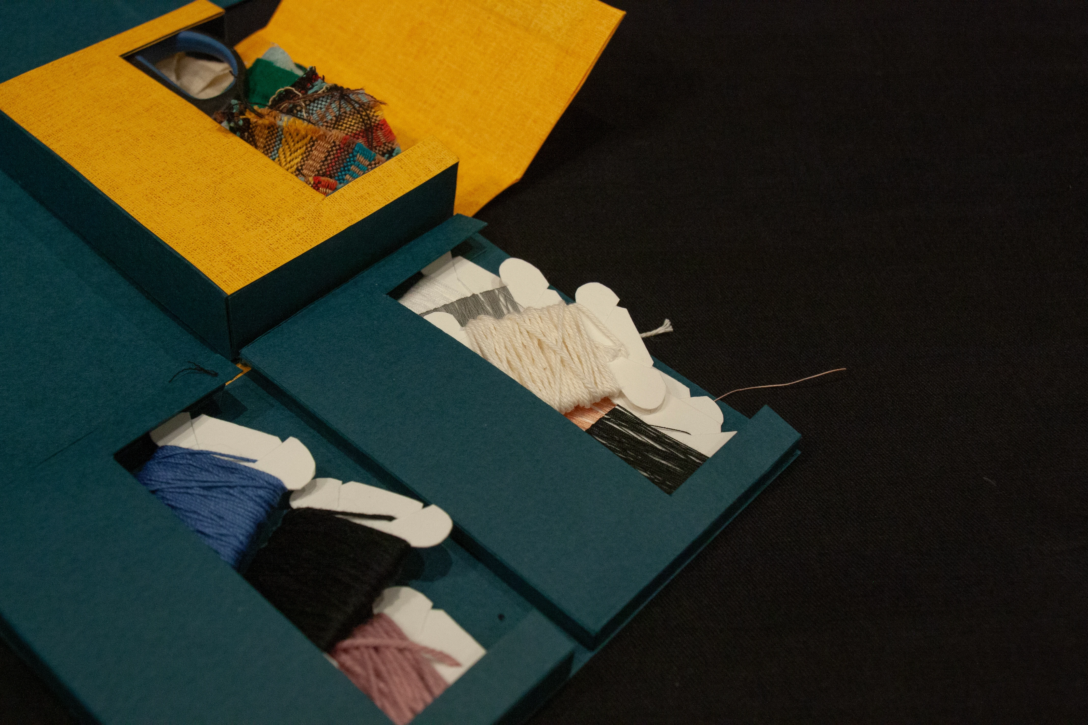 Close-up showing storage for thread in mending kit