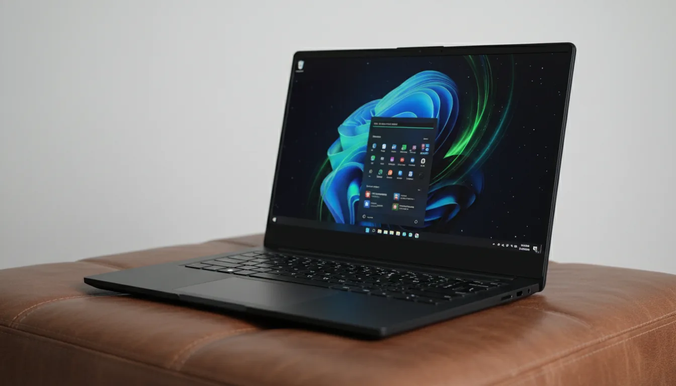 DSLR photograph of a modern, matte black Razer Blade laptop, positioned at a three-quarters angle on a brown, textured, quilted leather ottoman. The laptop is open, its screen displaying a vibrant abstract wallpaper featuring swirling green and blue light trails on a dark background, with the Windows 11 UI visible. The shot is captured with soft, even studio lighting, highlighting the sleek aluminum texture of the device. Sharp focus on the laptop with a shallow depth of field, leaving the plain, off-white wall in the background softly blurred. Professional product shot aesthetic.