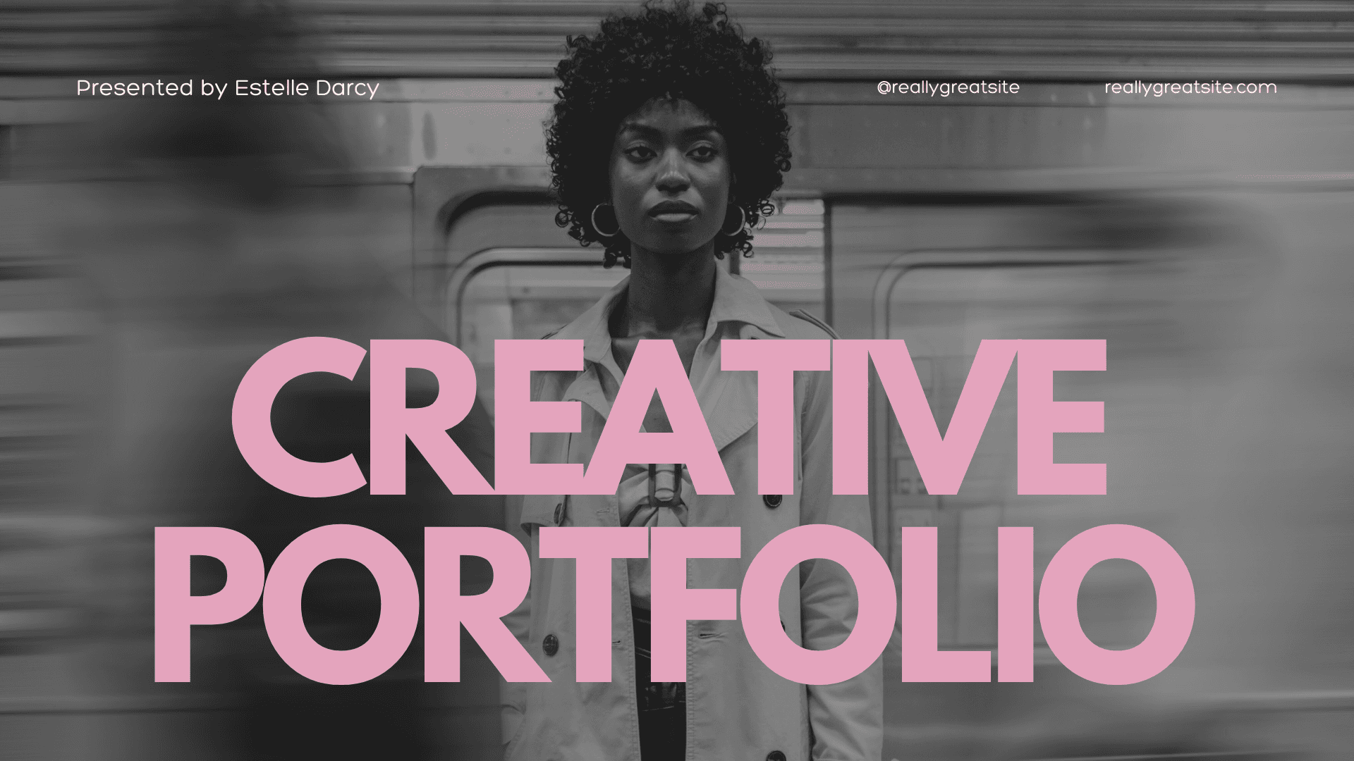 Creative portfolio cover featuring a stylish person in a trench coat with bold text.