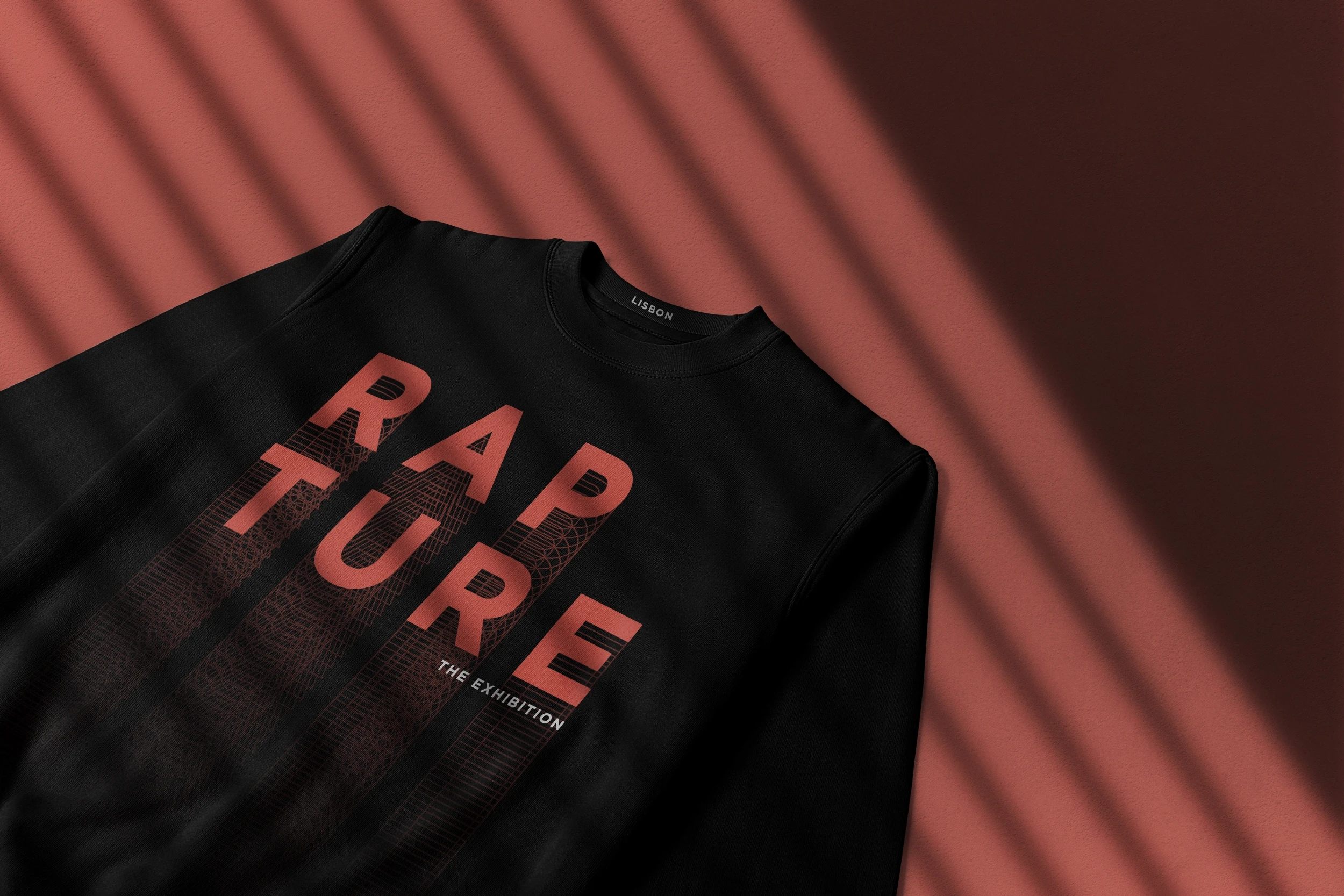 RAPTURE exhibition merchandise design featuring branded sweatshirt created for Ai Weiwei exhibition in Lisbon.