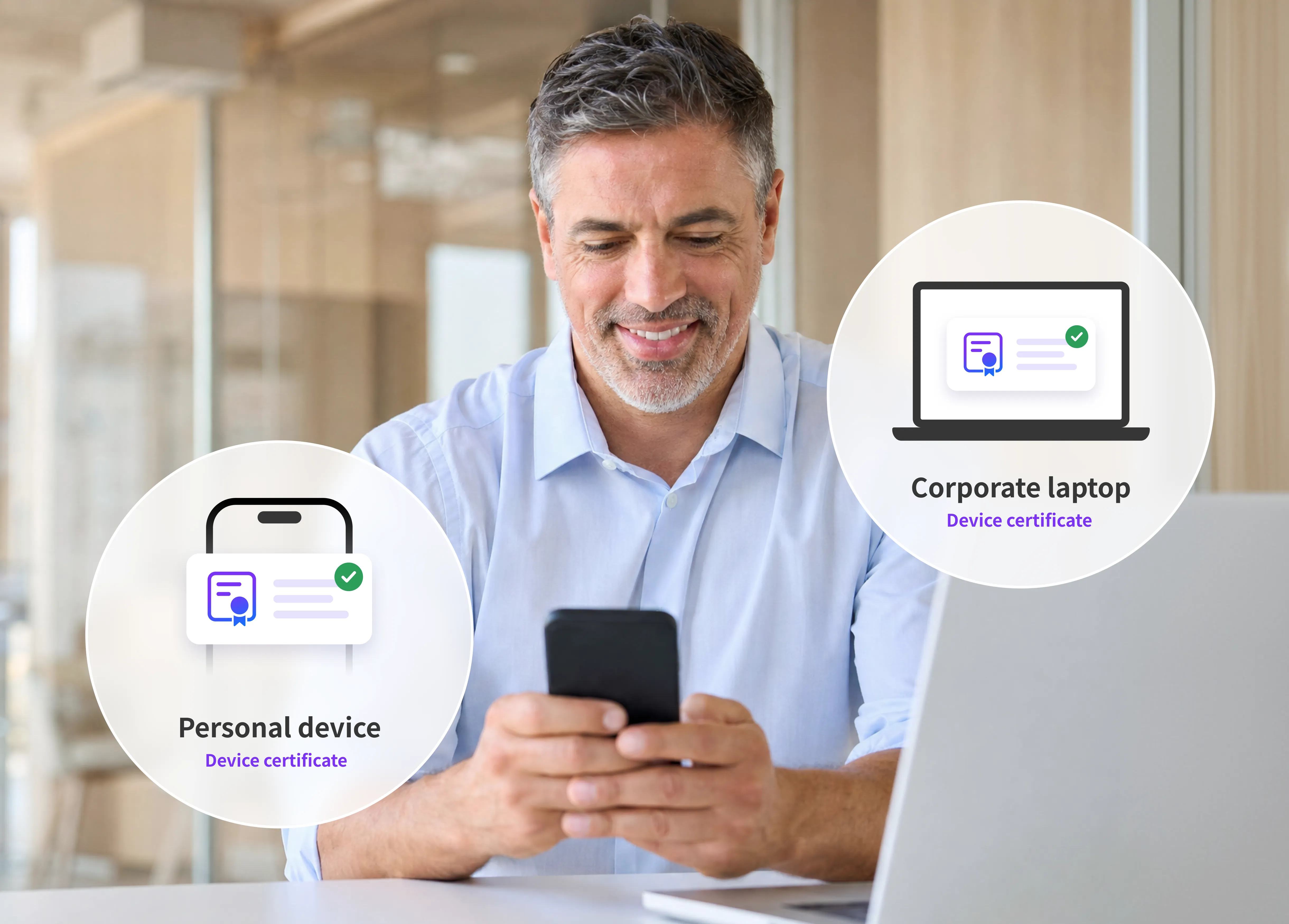 Employee using a smartphone, with a personal device and a corporate laptop each showing a verified HENNGE device certificate