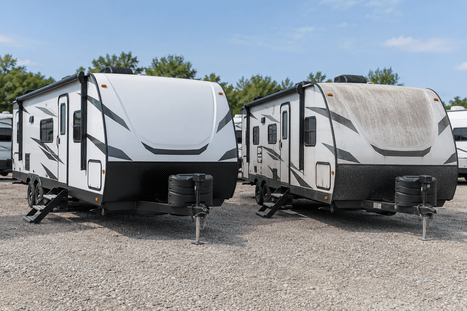 Two similar travel trailers with visibly different exterior conditions on a dealership lot.