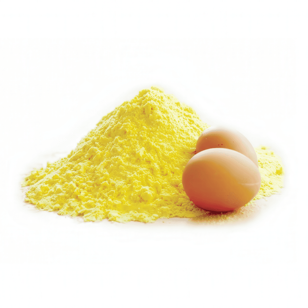 A vibrant yellow mound of fine powder, likely an egg product, sits beside two fresh brown eggs on a clean white background.