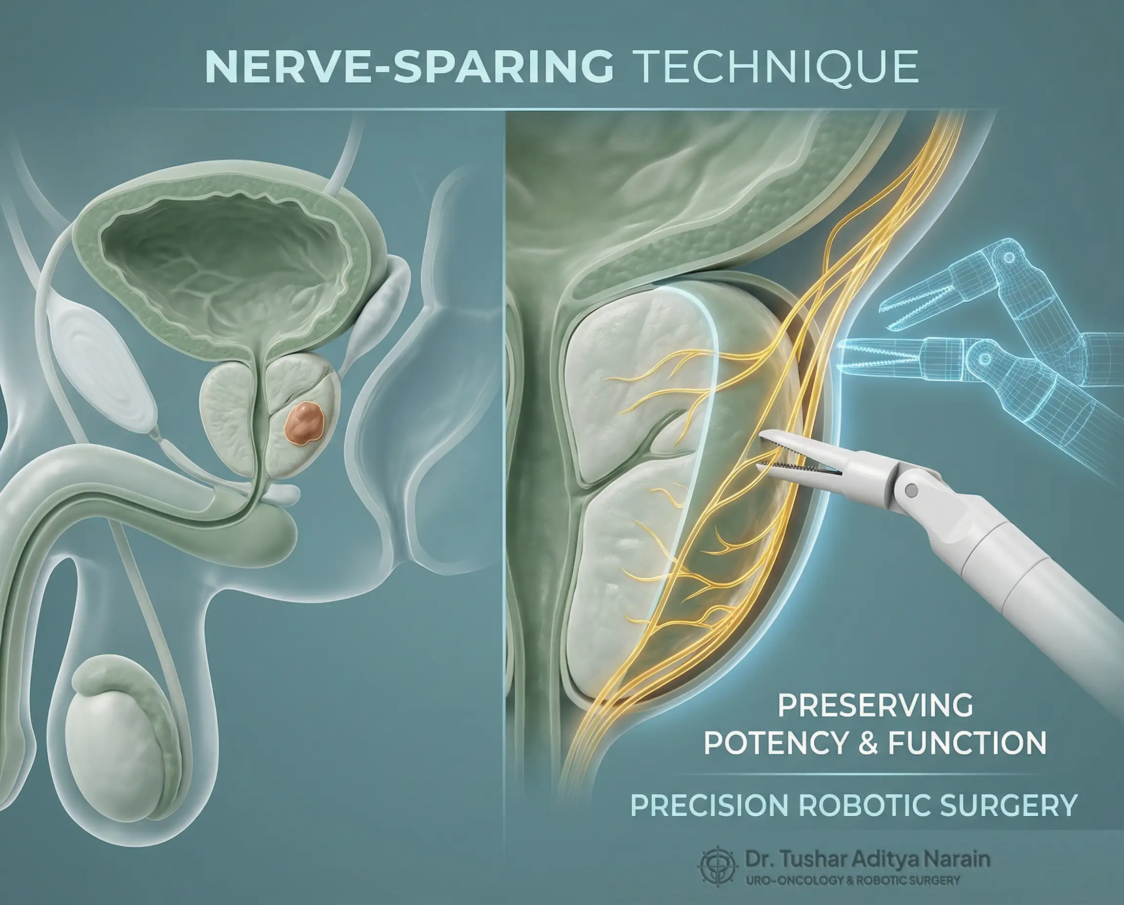 Robotic instruments carefully peeling delicate nerves away from the prostate during nerve-sparing radical prostatectomy by Dr. Tushar Narain to preserve sexual function.