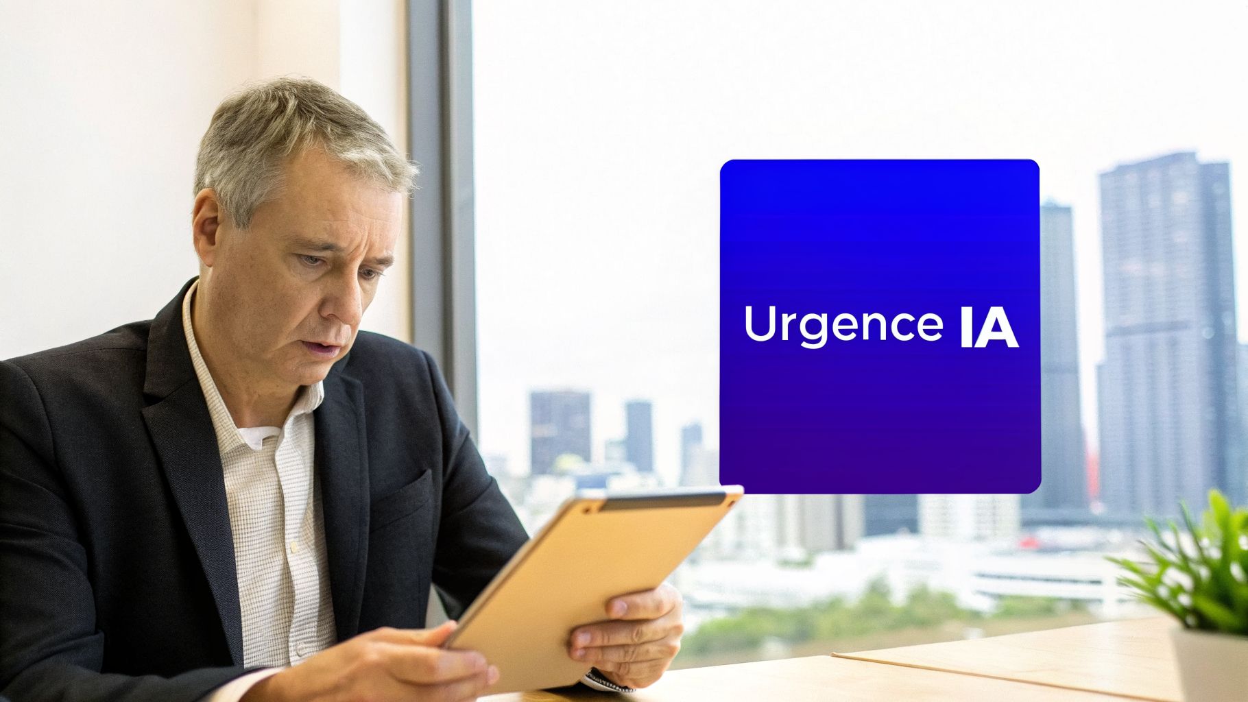 Un homme d'affaires regarde sa tablette, avec un logo 'Urgence IA' et un paysage urbain en arrière-plan.