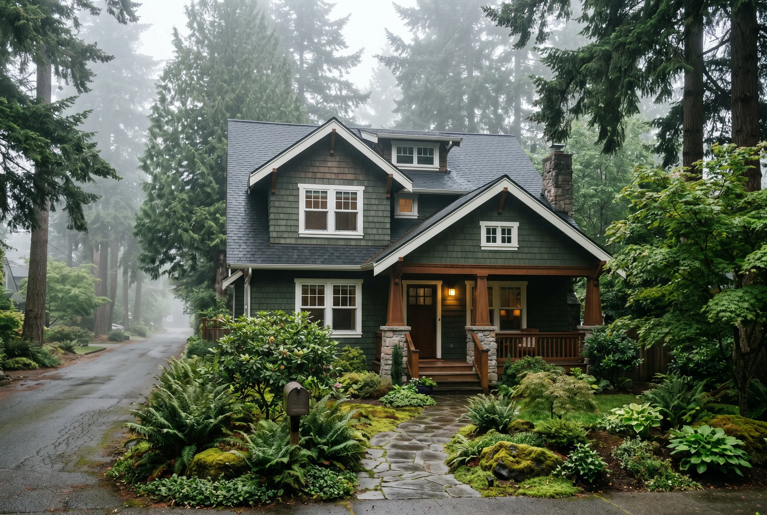 Cozy cabin-style house surrounded by lush forest and misty trees with a wet stone pathway.