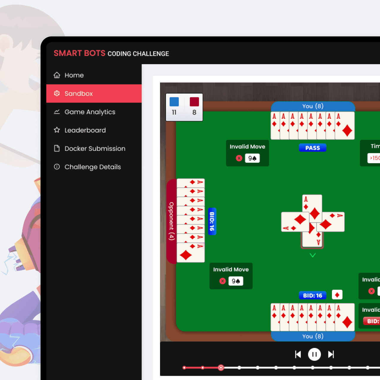 Dashboard mockup for the Smart Bots Coding Challenge showing data visualizations and developer tools.