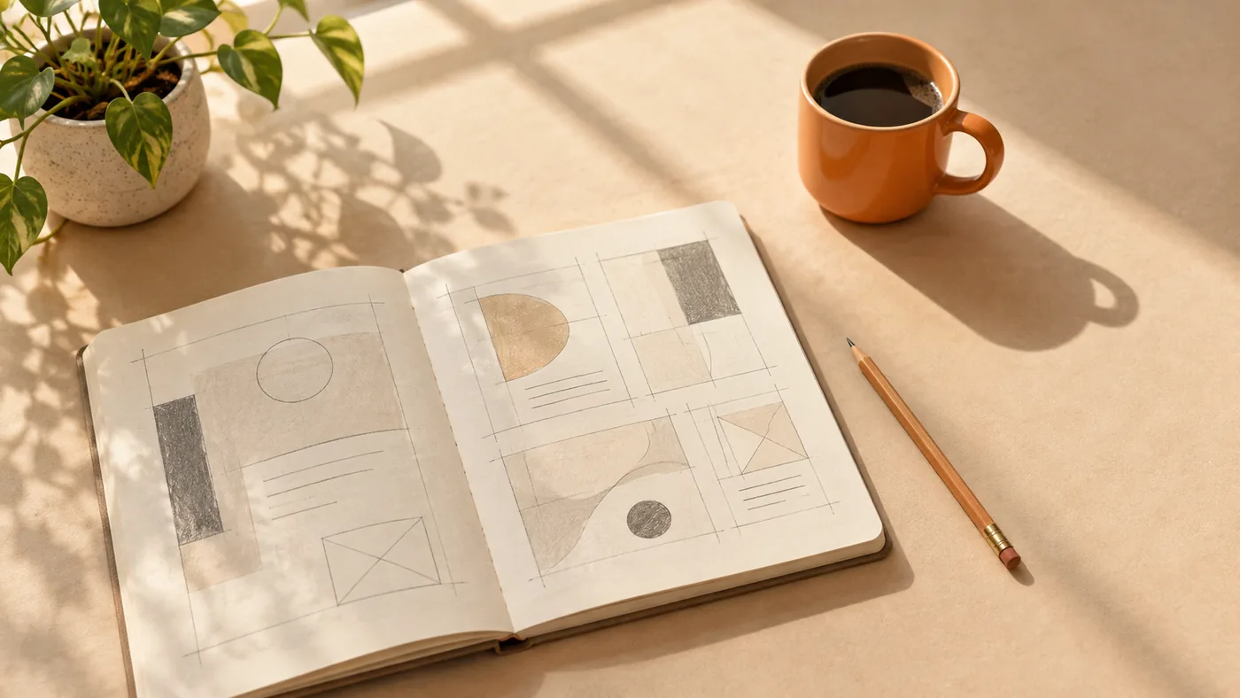 Open sketchbook with layout sketches and an orange mug on a sunlit desk