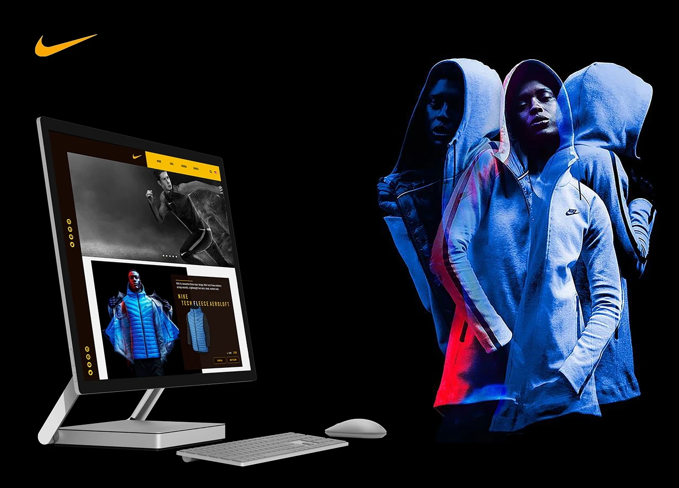 Mockups of Nike e-commerce website UI/UX design concept showcasing shoes and jackets with a clean, modern layout.