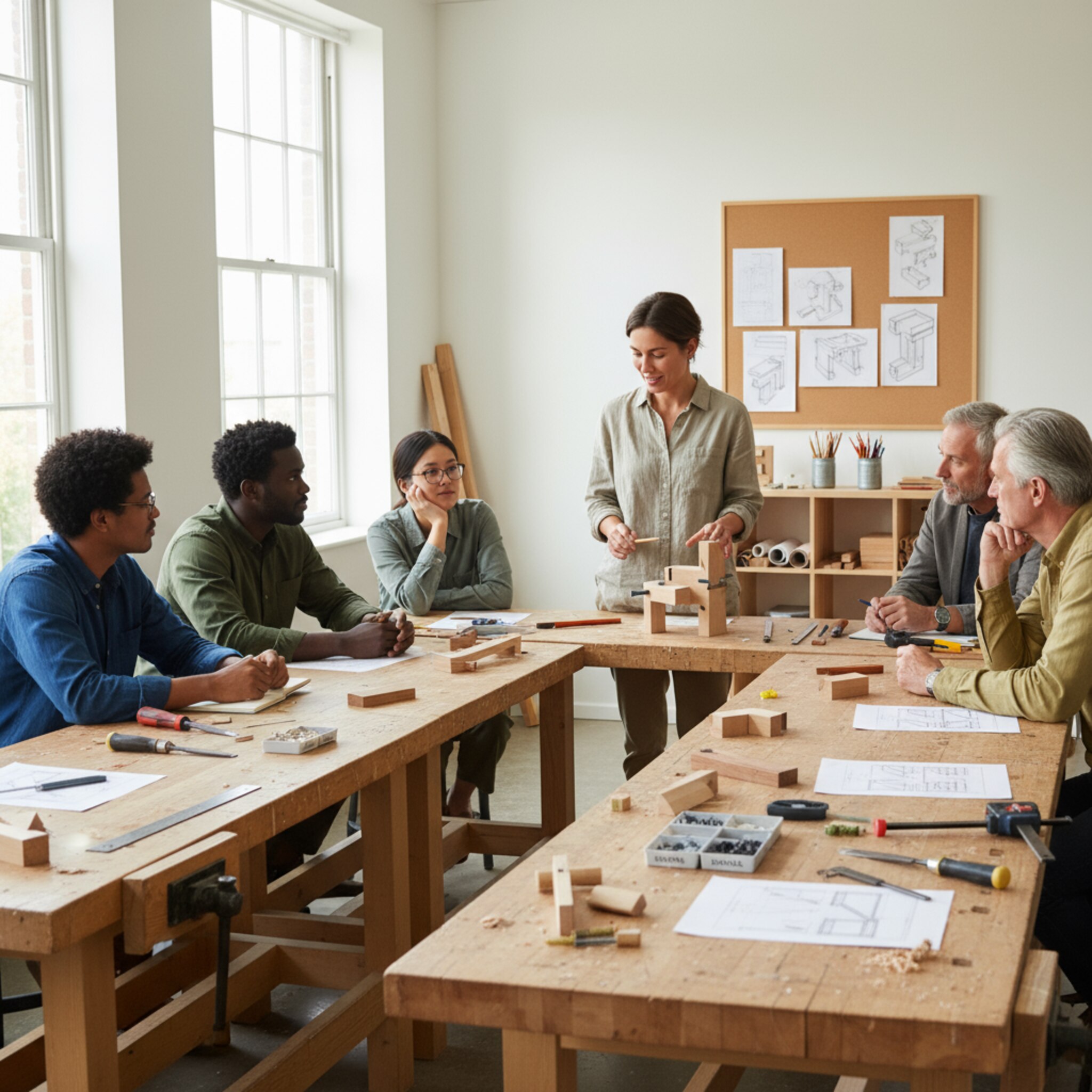 Ein heller Seminarraum mit großen Tischen, eine Dozentin erklärt einen Holzverbindungs-Prototyp, die Runde hört aufmerksam zu. Materialien liegen ordentlich bereit, Skizzen heben sich klar vom Papier ab. Eine konzentrierte Atmosphäre kurz vor dem gemeinsamen Übungsschritt.