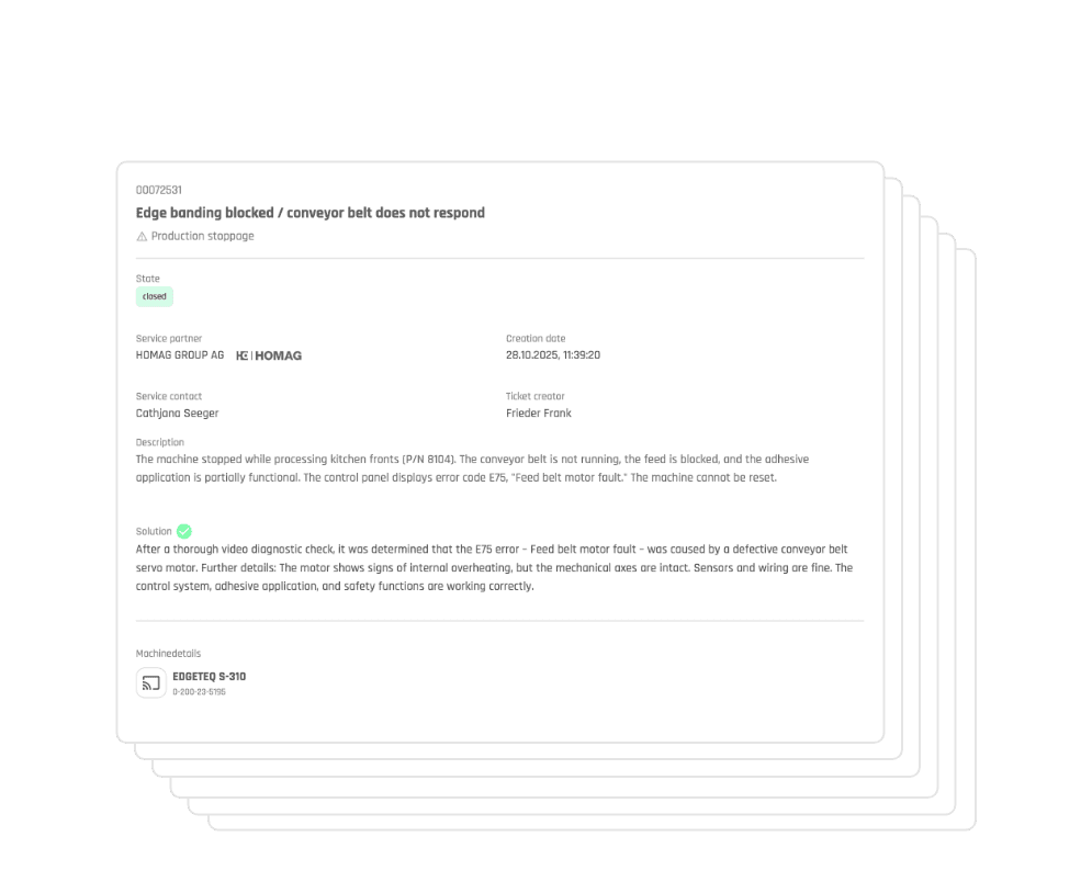 Eine Collage zeigt ein Suchfeld und das gefundene, gelöste Serviceticket im ServiceBoard, um die Suchfunktion zu zeigen.