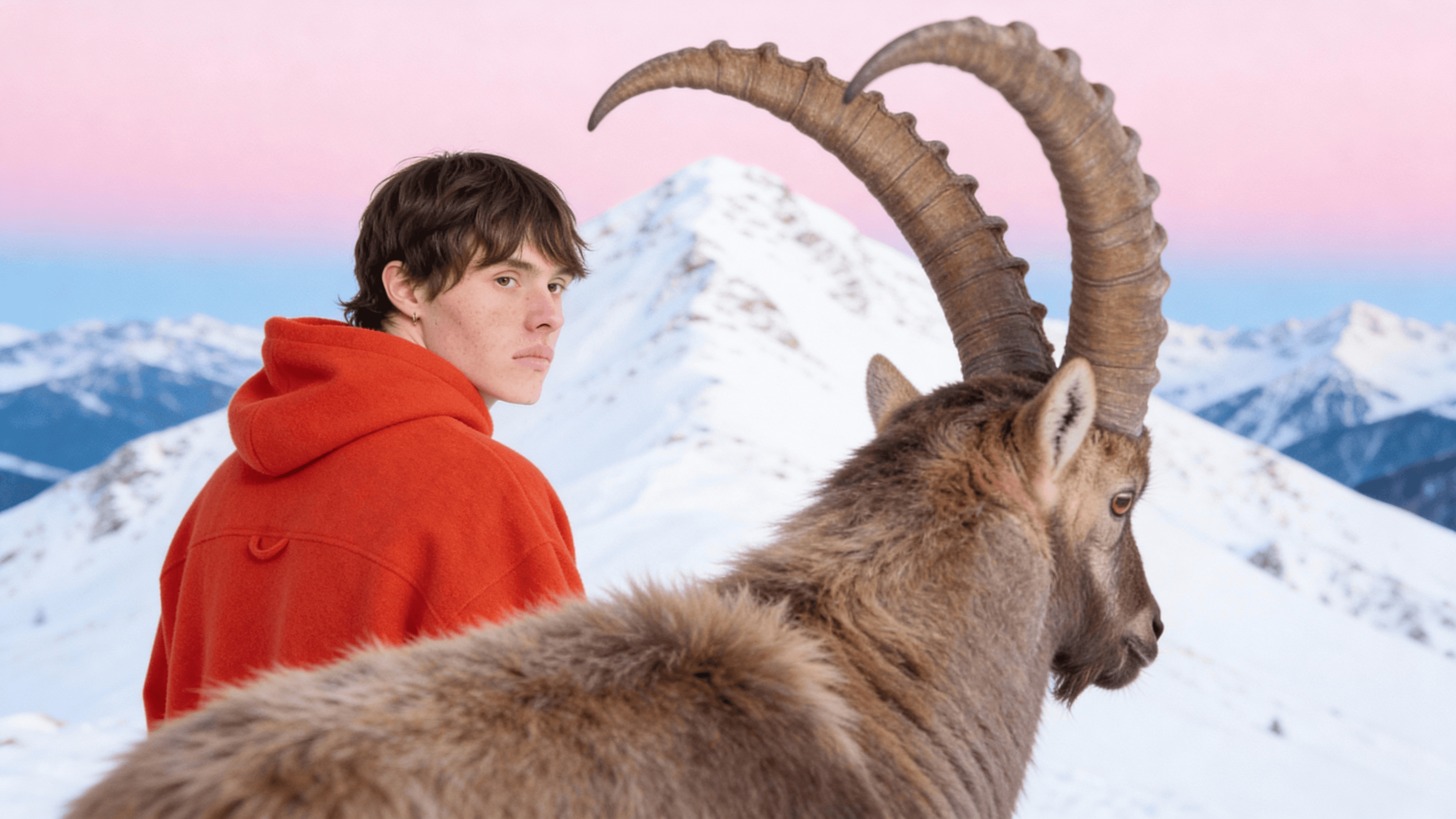 Cinematic silhouette in Timmelsjoch Pass blizzard, Alpine Brutalism atmosphere, Arri Alexa 35 dynamic range, Extreme Weather Fashion, Engineered by Aventi