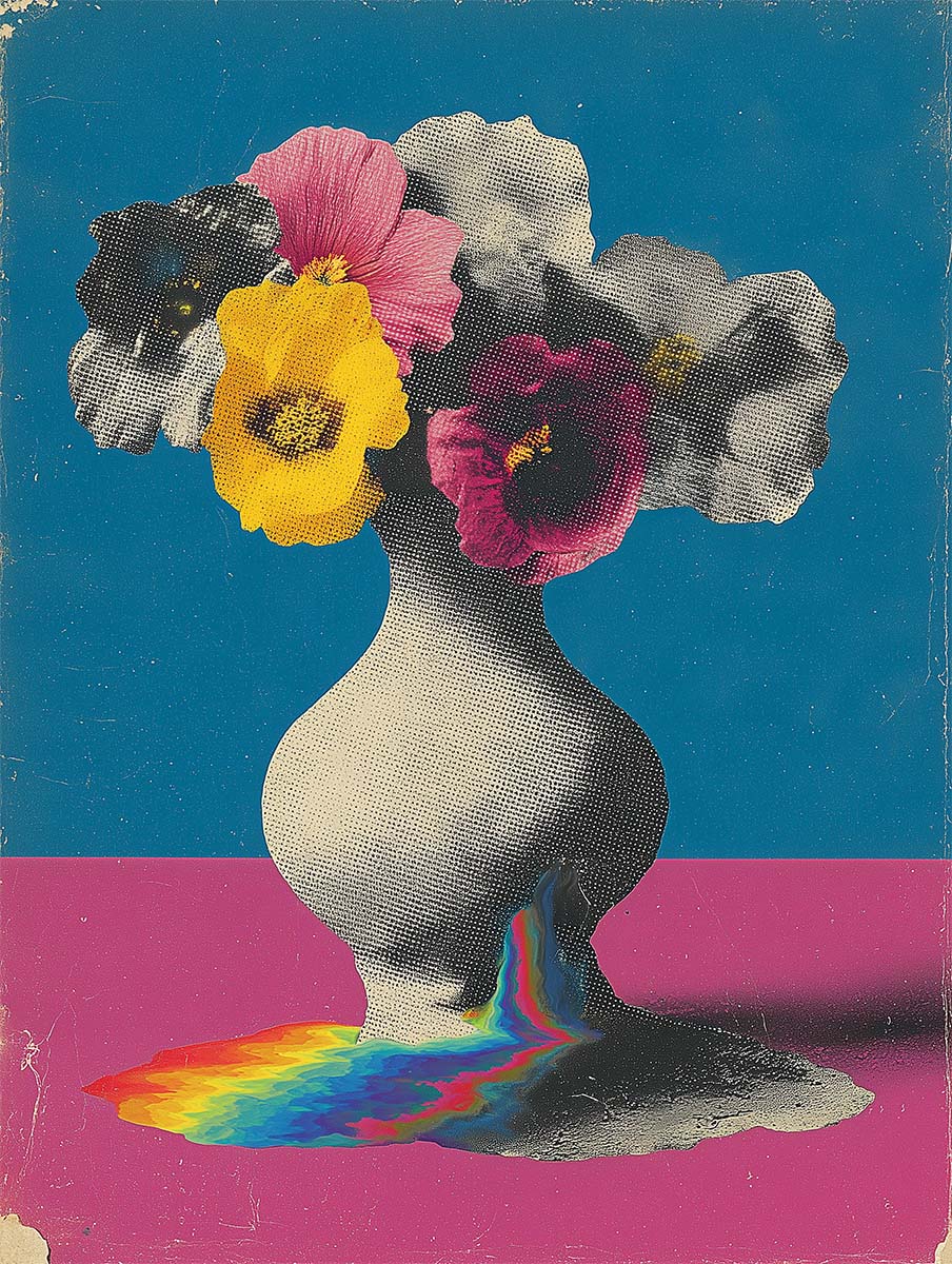 Surreal artwork of flowers in a vase melting into a rainbow on a pink surface, creative design concept.