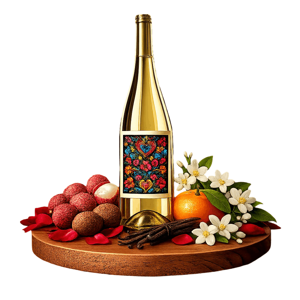 Artistic label and flavor profile for Slovak Pálava on a rustic wooden table.