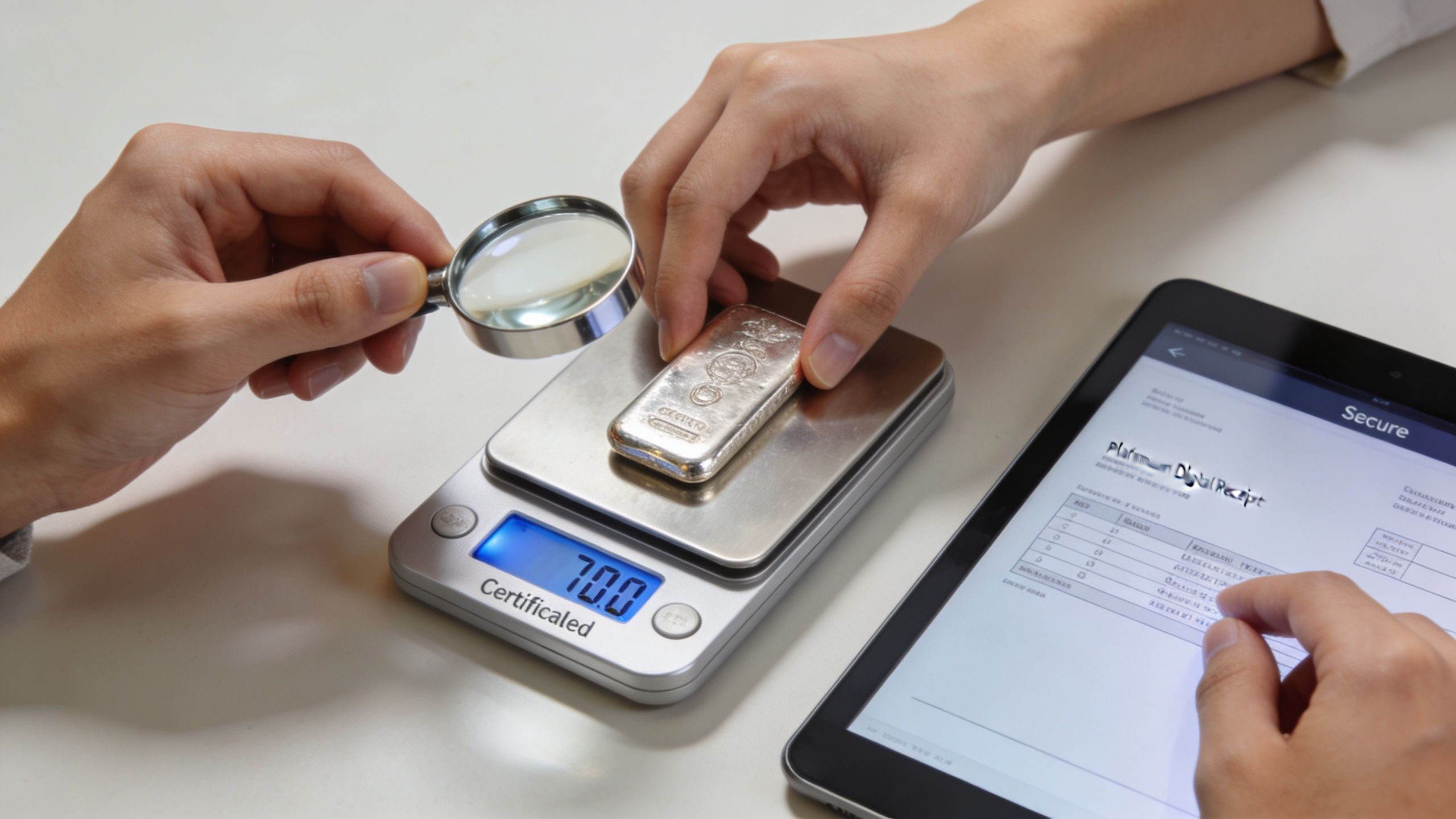 A professional appraising a silver bar using a magnifying glass, digital scale, and tablet device.