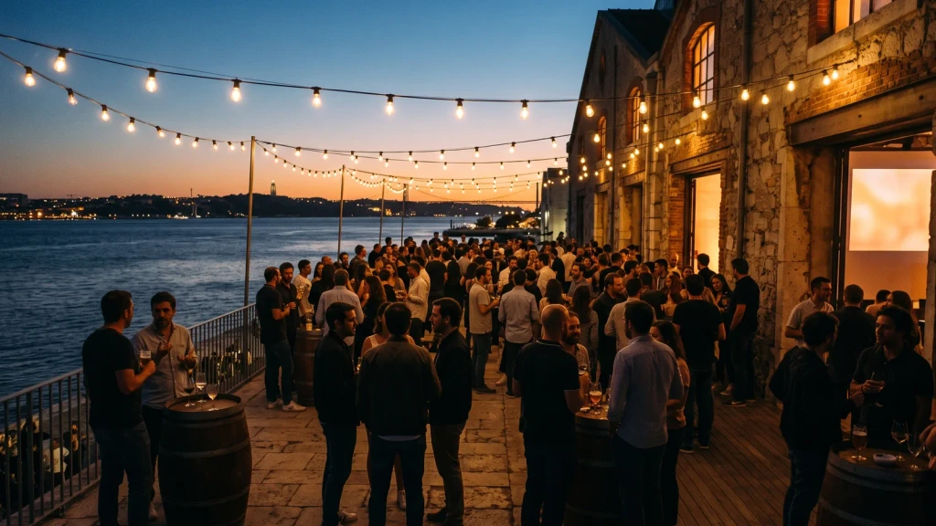 A crowd on a harbour pier under string lights at dusk
