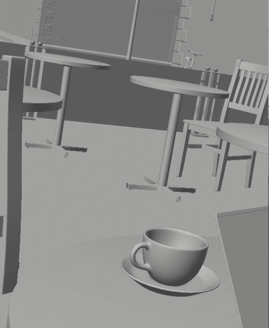 Monochrome 3D wireframe views of a café and a top-down city street for an ad campaign