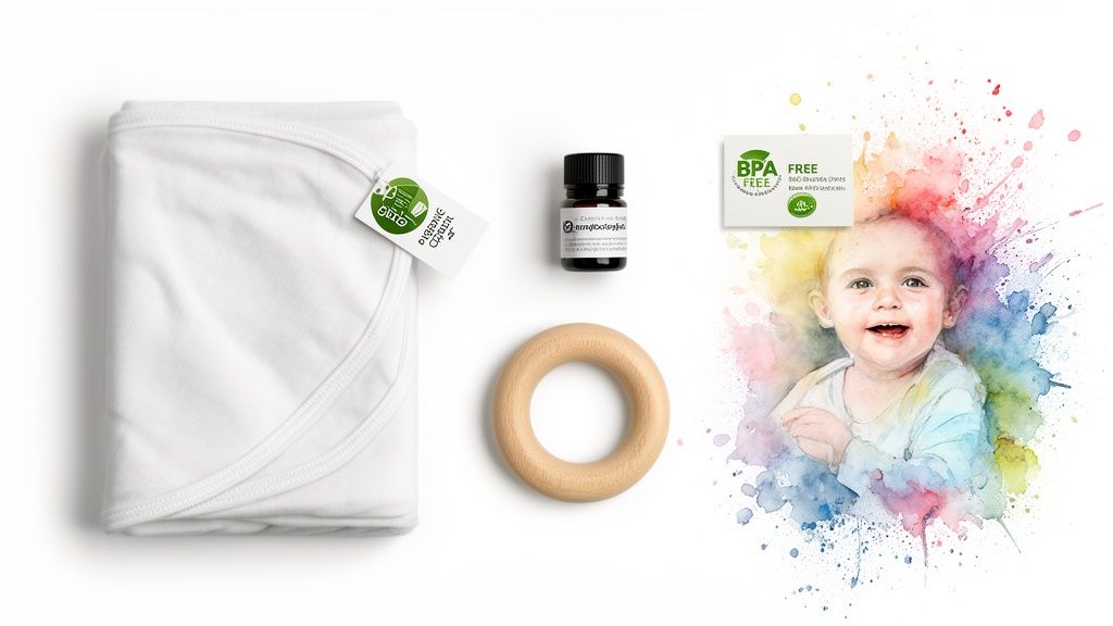 A charming flat lay of baby essentials: organic cotton blanket, wooden teether, essential oil, and a 'BPA Free' card with a happy baby.