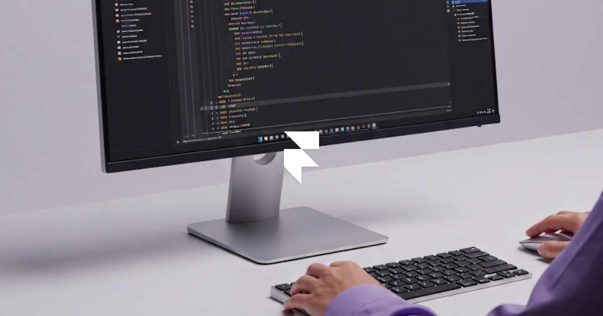 Close-up of a developer working on a portfolio website with code on a large monitor and a Framer logo overlay.