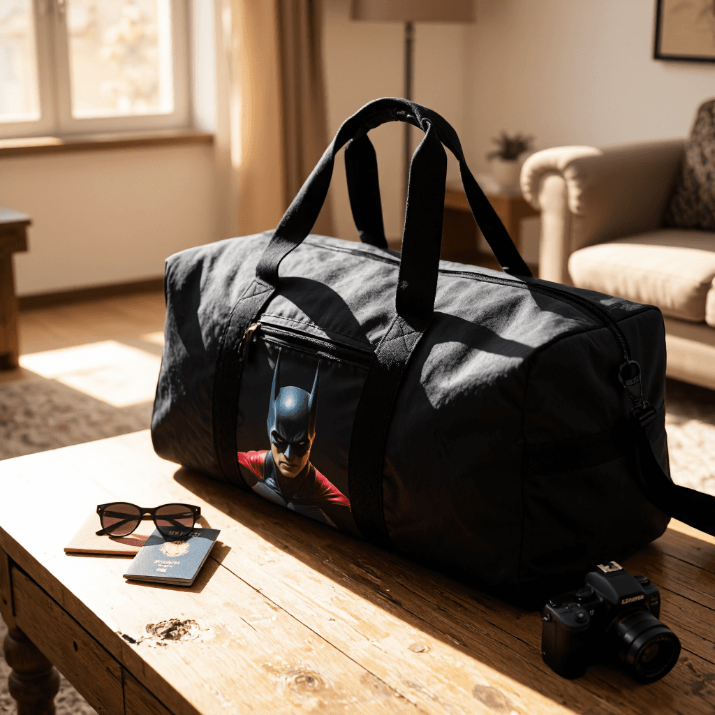 product photography of a duffel bag with a graphic design