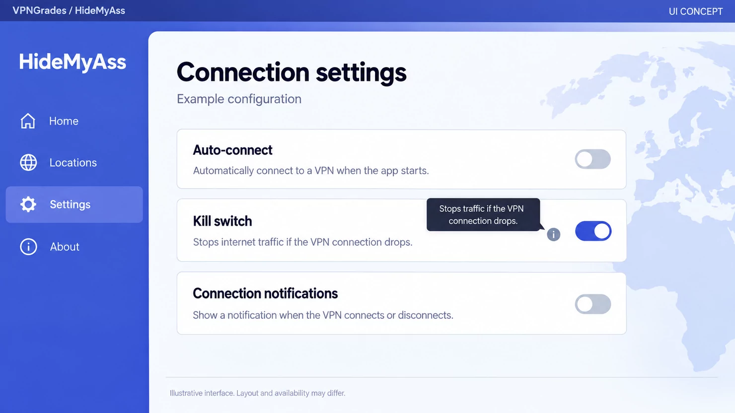HideMyAss: connection settings with a kill switch control (illustration).