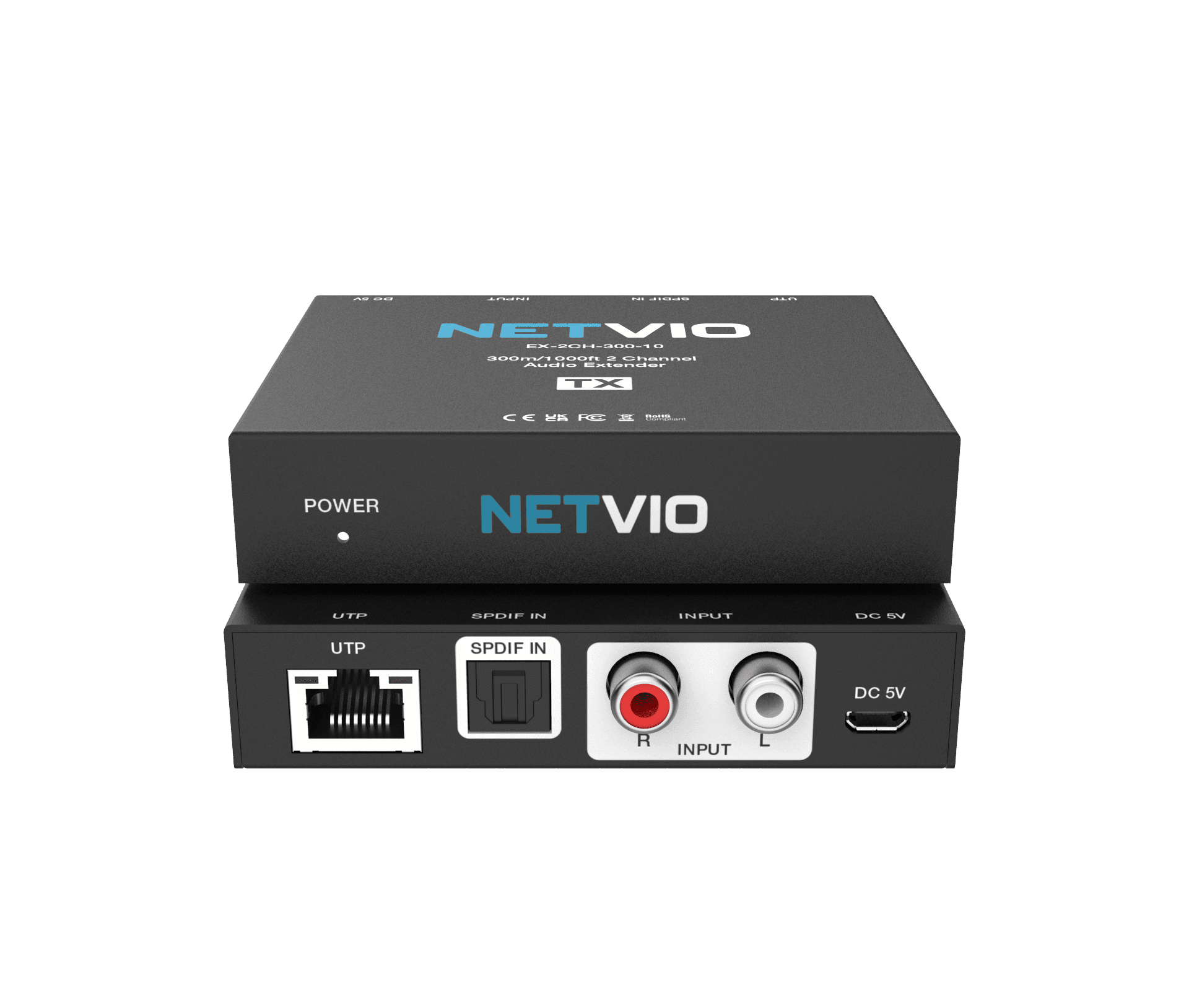 NETVIO audio extender TX with UTP, SPDIF, and RCA inputs.