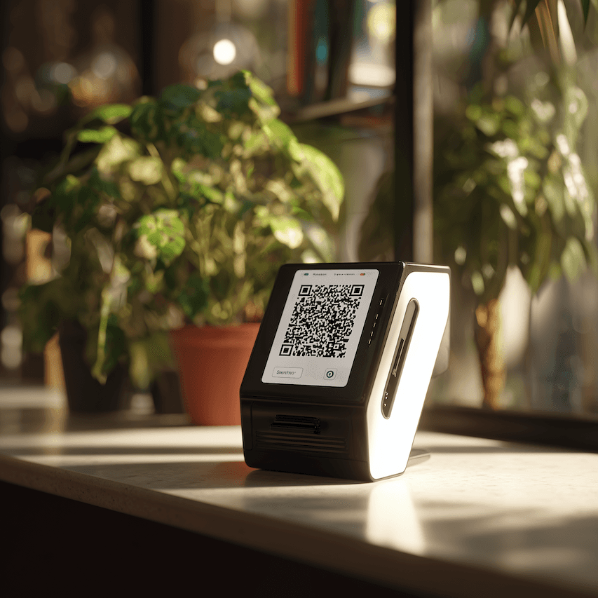 A compact thermal printer printing a QR code label on a desk near plants.