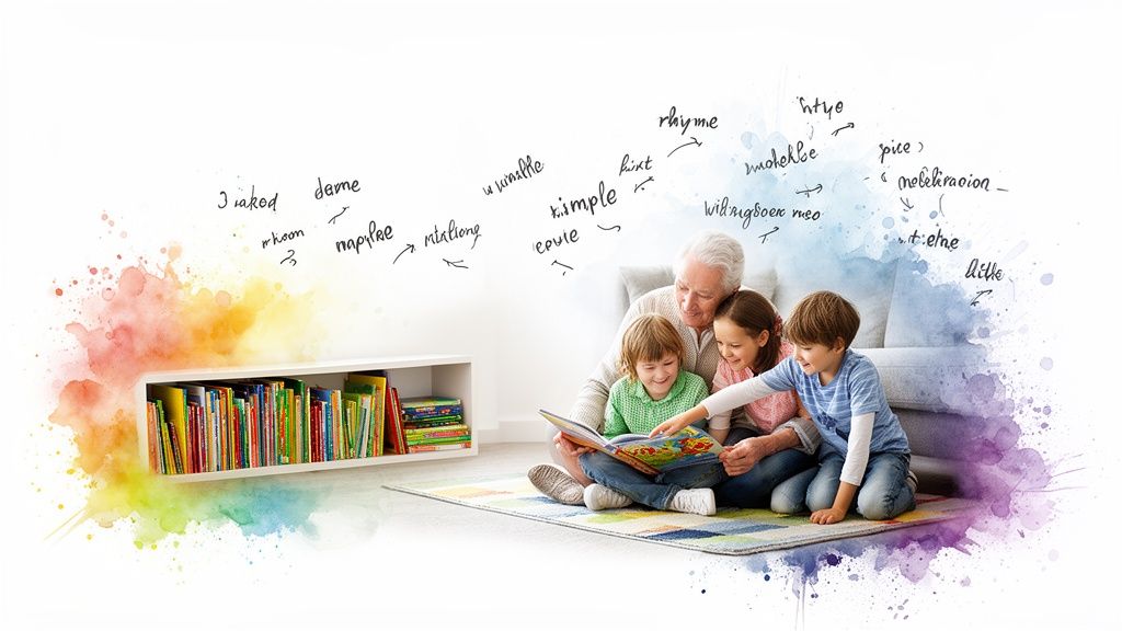 Grandfather reading a colorful storybook with three happy children on a rug.