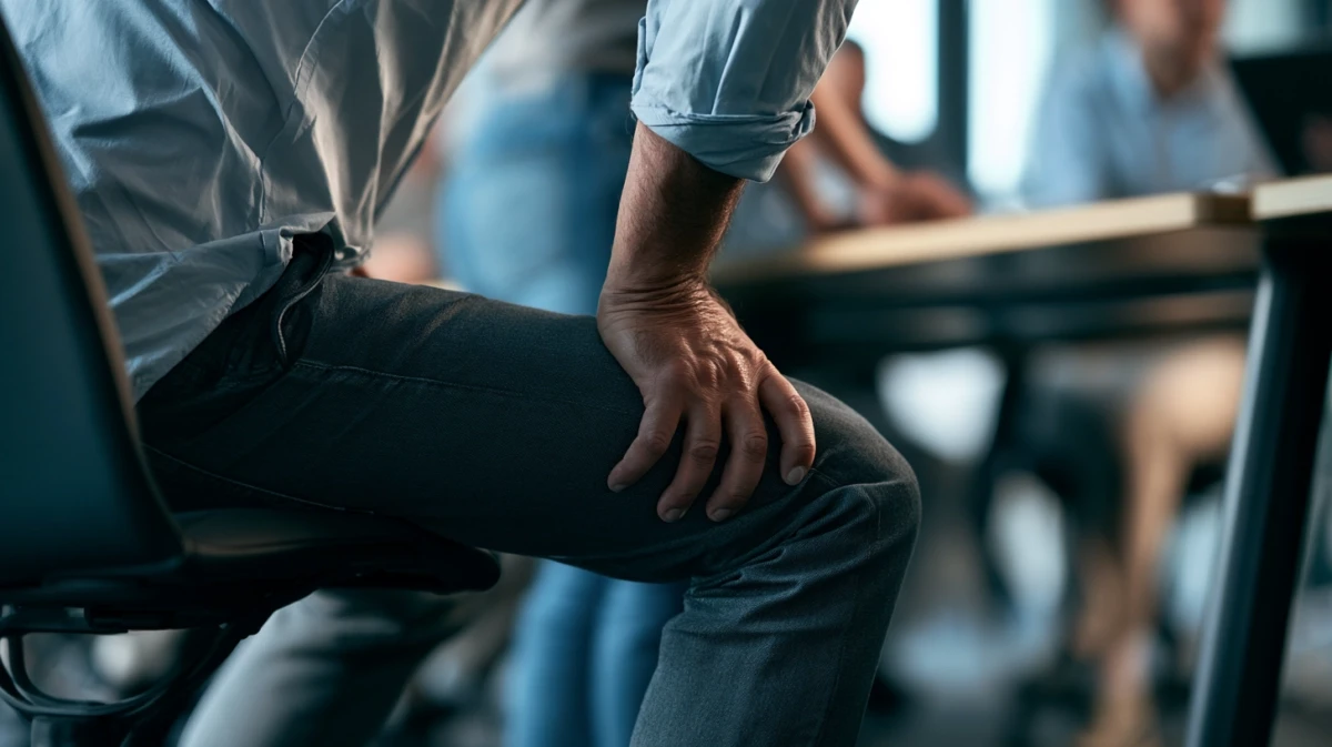 A hand pressing the palm against the thigh during a meeting.