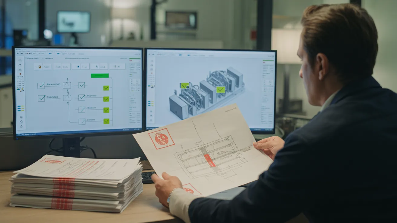 Engineer reviewing engineering change order workflow on dual monitors with CAD assembly and approval process flowchart