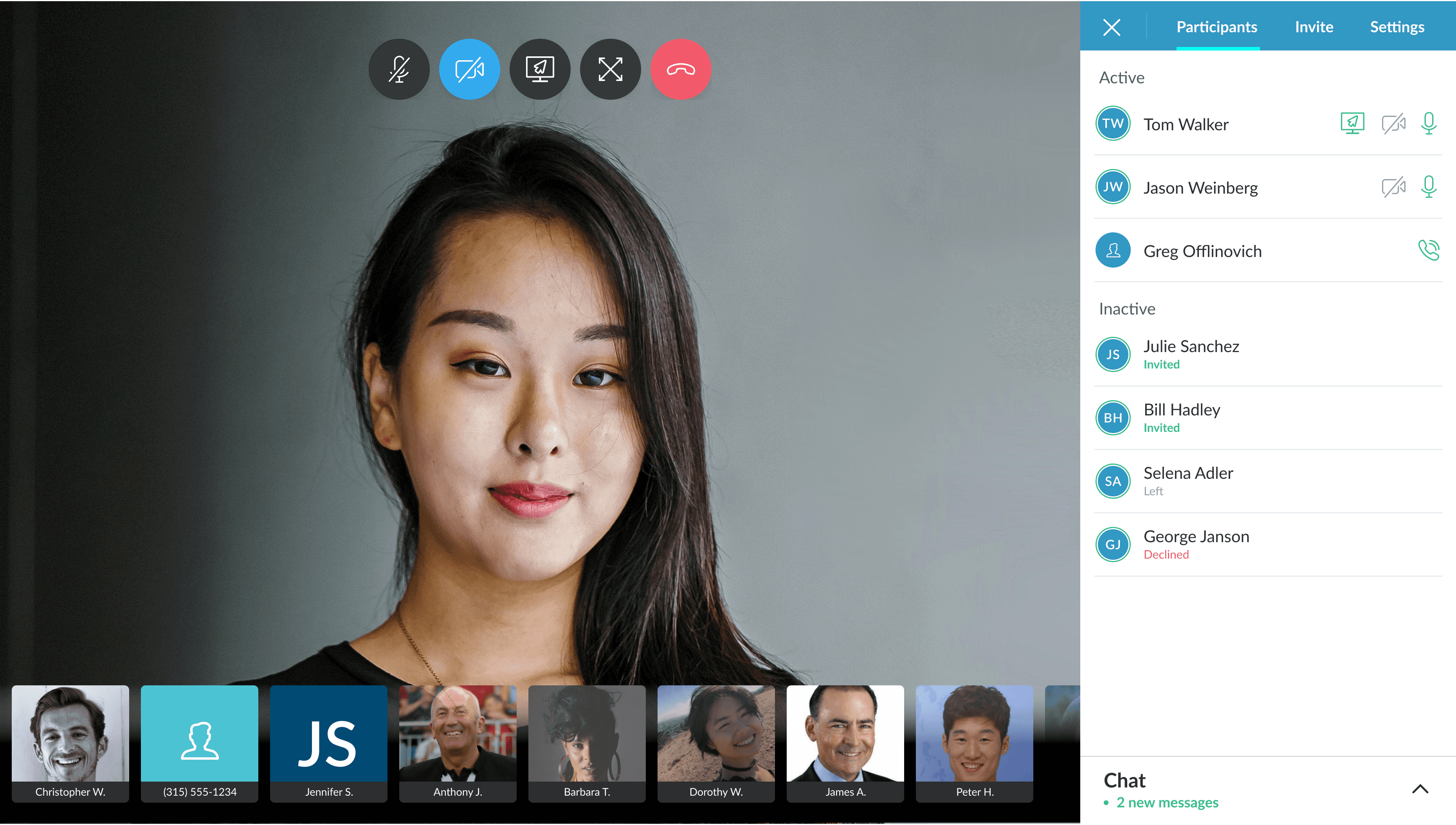 Live meeting screen with call controls and side panel