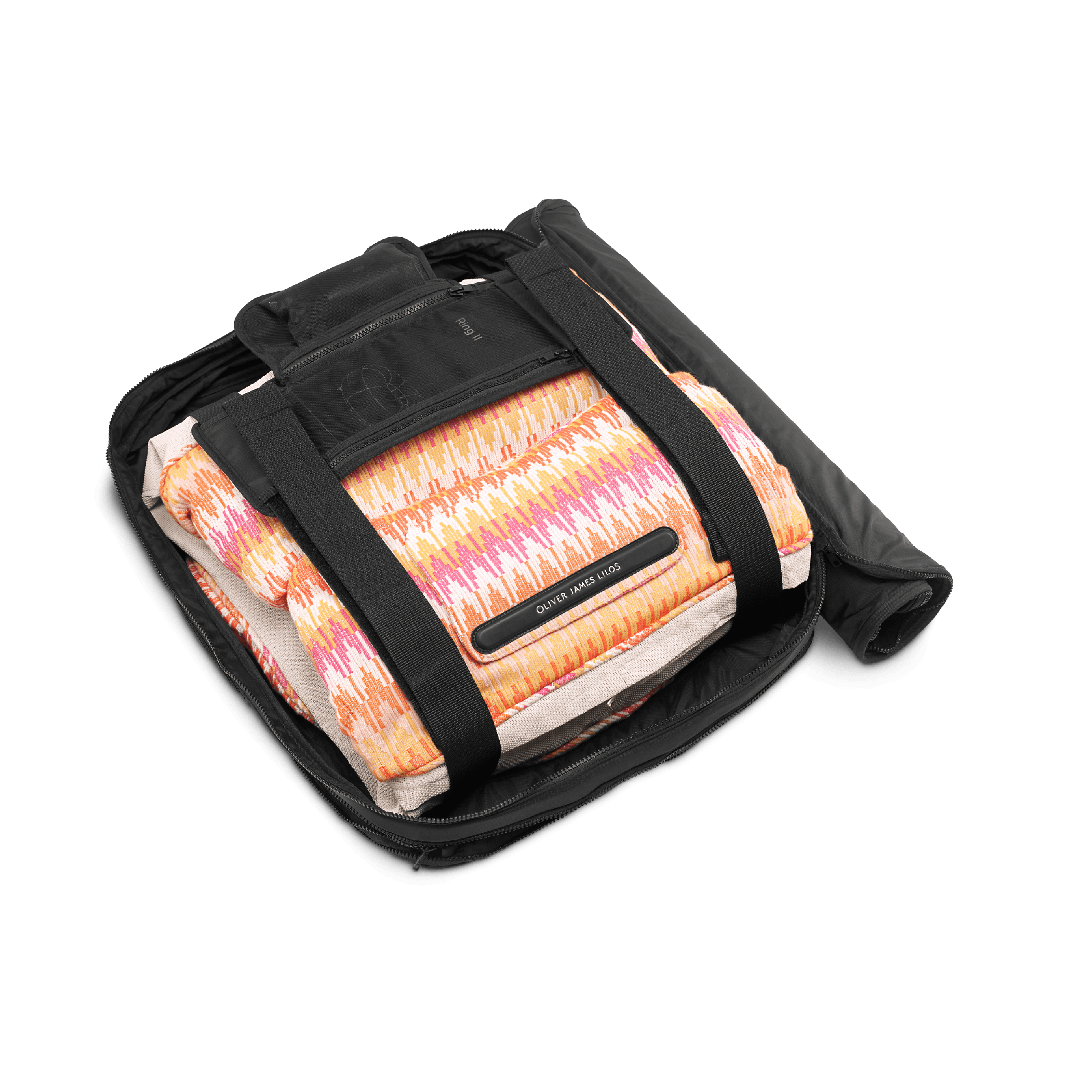 Sunset chevron lilo folded in its structured black travel case with branded label and securing straps