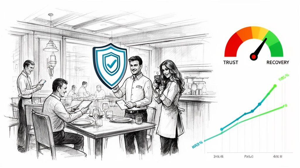 A detailed sketch of a restaurant scene with staff and a customer, featuring a blue trust shield, a trust and recovery gauge, and ascending data graphs.