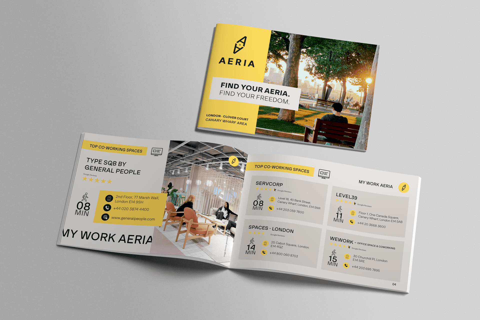 An open promotional booklet for AERIA displayed on a light gray background. The cover features a yellow and white design with the headline “Find Your Aeria. Find Your Freedom.” alongside a photo of a person sitting on a park bench at sunset. The inside pages highlight nearby co-working spaces in London, including names, locations, walking times, ratings, and contact details, presented in a clean black and yellow layout with images and icons.