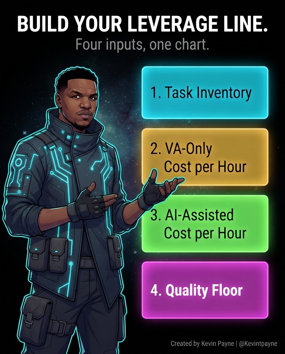 Build your leverage line: task inventory, cost per hour today, AI-assisted cost per hour and quality floor