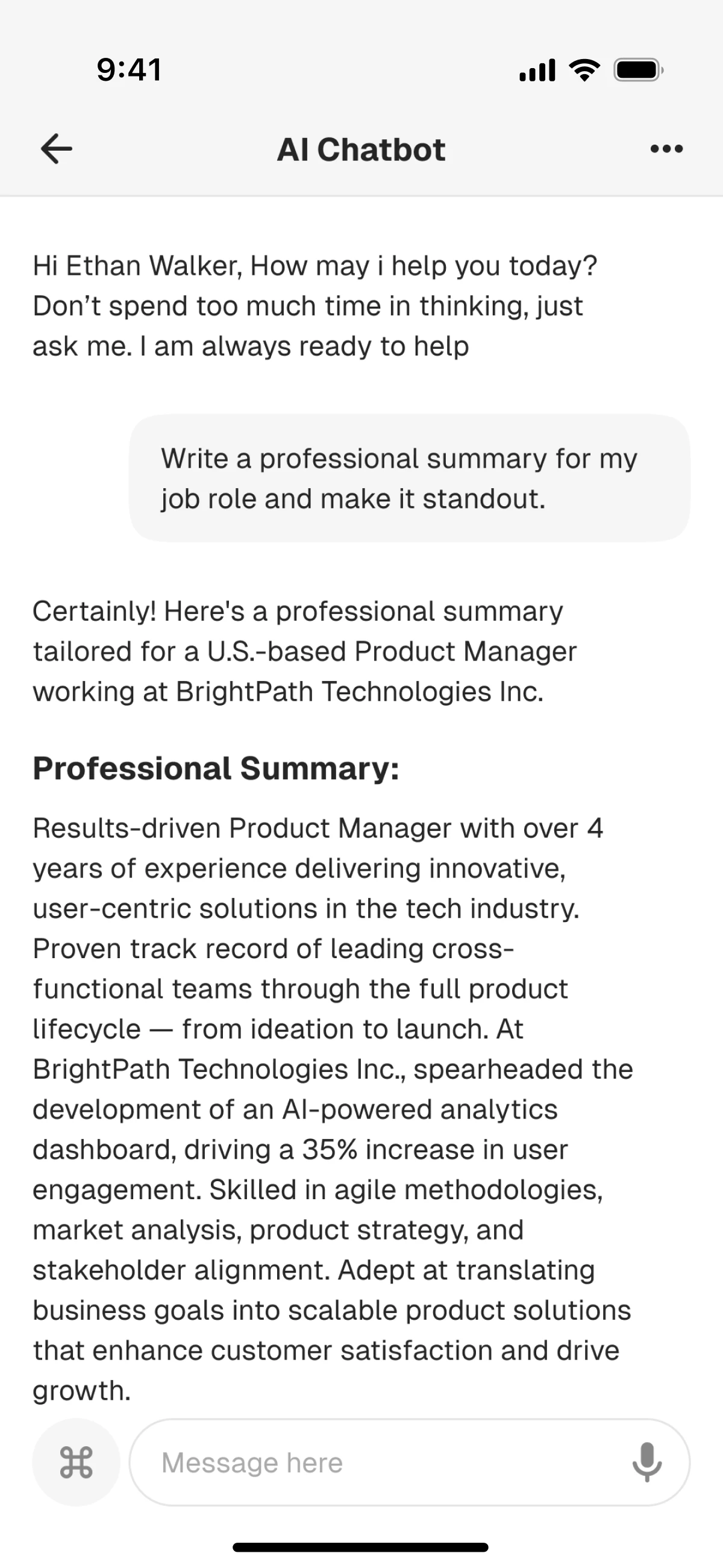 AI chatbot generating resume summary in ResumeIT app