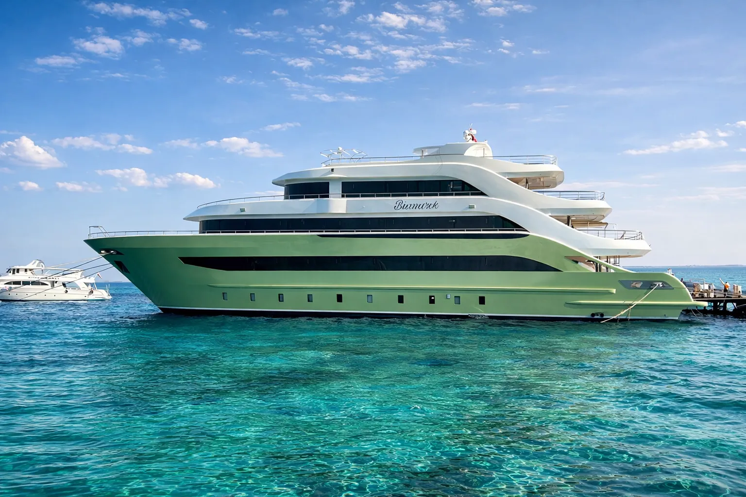 Bismarck yacht at anchor in a turquoise bay, Red Sea