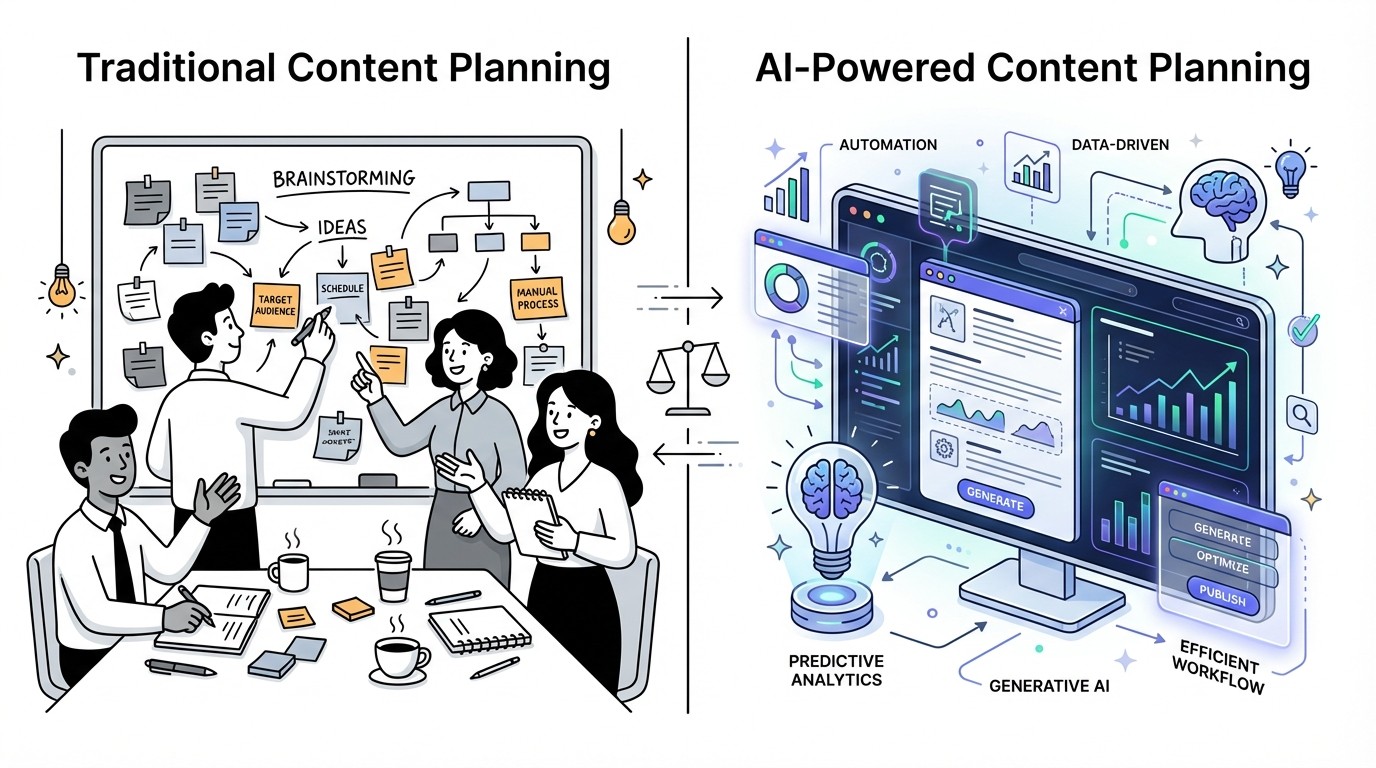 Infographic comparing traditional and AI content planning. The left side shows diverse people brainstorming around a whiteboard with sticky notes. The right side shows a sleek digital interface with data visualizations, algorithms, and AI content outlines.